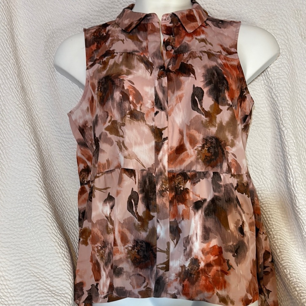 Simply Vera Vera Wang Brown Tan Blouse Mandarin Collar Relaxed Fit